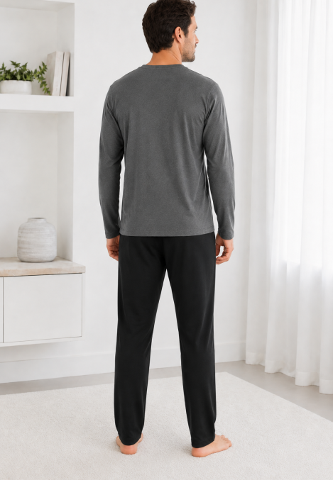 Pijama barbati Serena cu maneca lunga si pantalon lung-Gri ,Engros